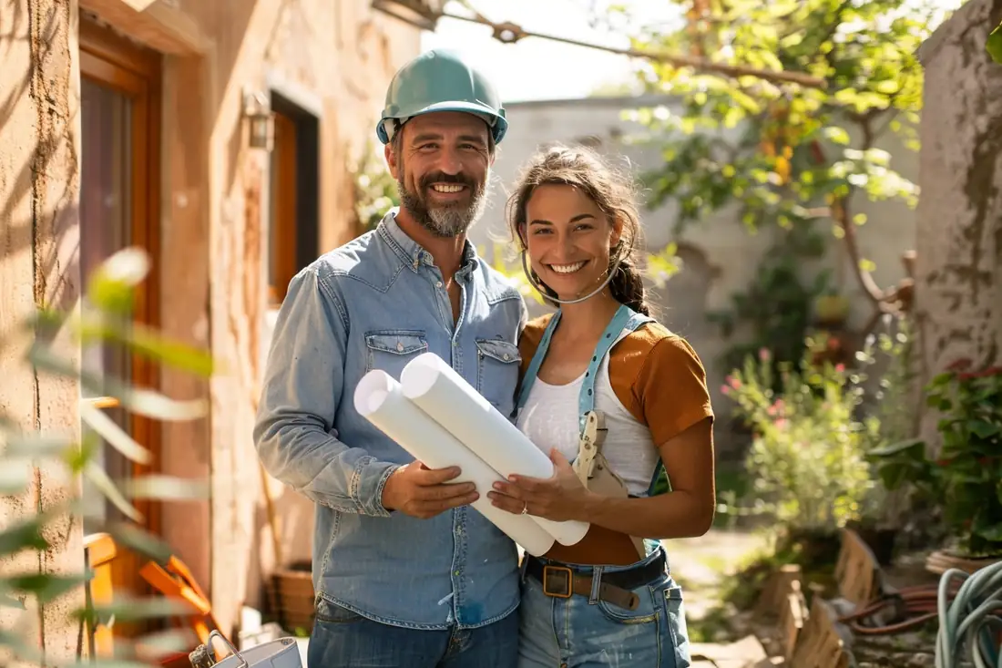 Intérieur d’appartement en rénovation avec sol protégé, outils, échantillons d’isolation et plans de travaux.