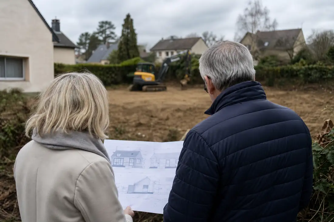 Riverains examinant des plans devant un terrain de construction dans une commune proche de Rennes.
