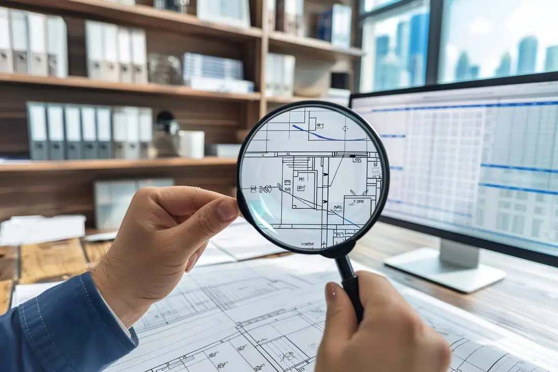 Investisseur analysant plans, clés et budget locatif sur une table dans un appartement résidentiel.