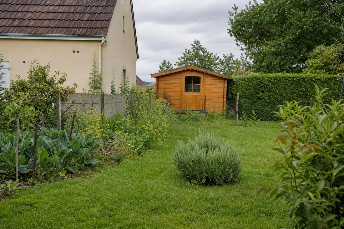 Abri de jardin en bois installé au fond d’un jardin, près de la haie et de la clôture qui le séparent du terrain voisin