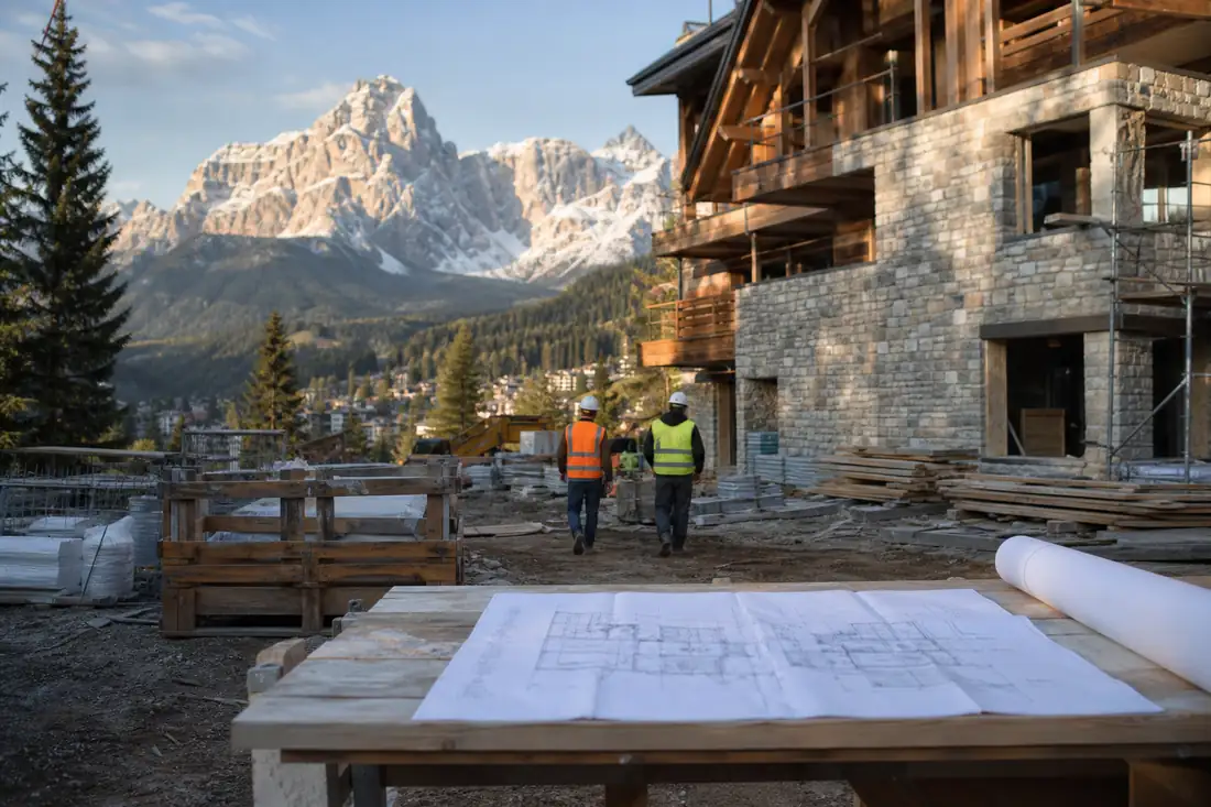 Chantier d’un hôtel alpin à Cortina d’Ampezzo, avec façade en pierre et montagnes des Dolomites en arrière-plan.