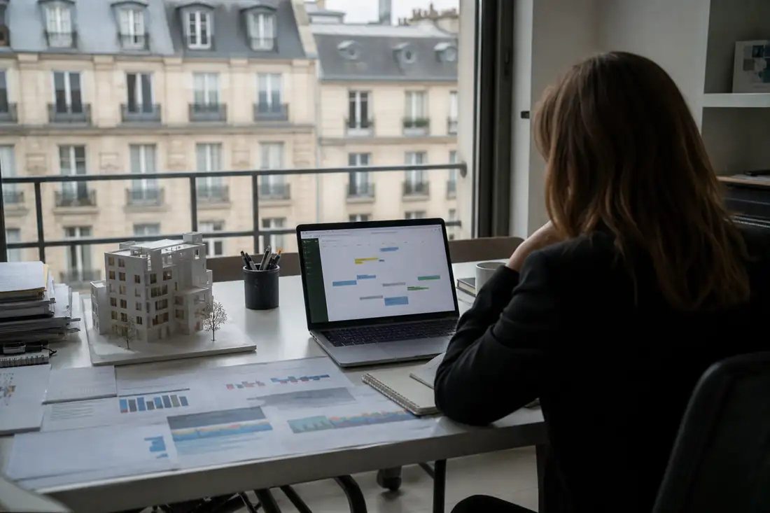 Écran d’ordinateur et agenda papier dans un bureau consacré au suivi d’entreprises immobilières.