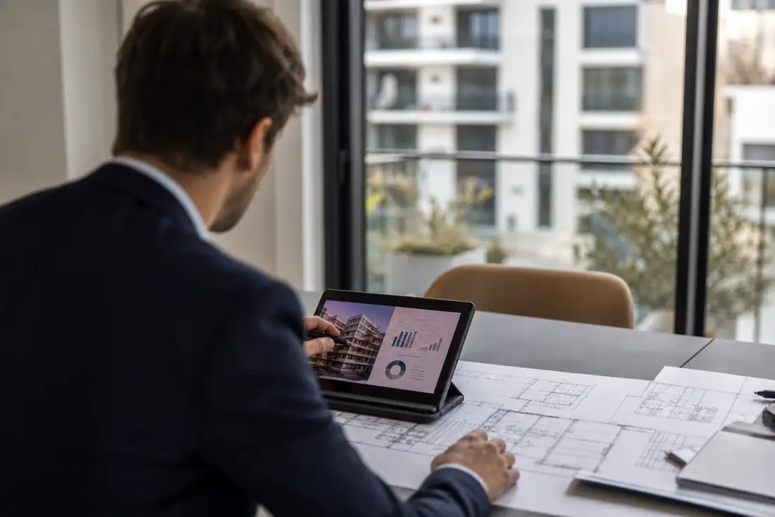Investisseur consultant des plans et des données numériques devant un immeuble résidentiel contemporain.