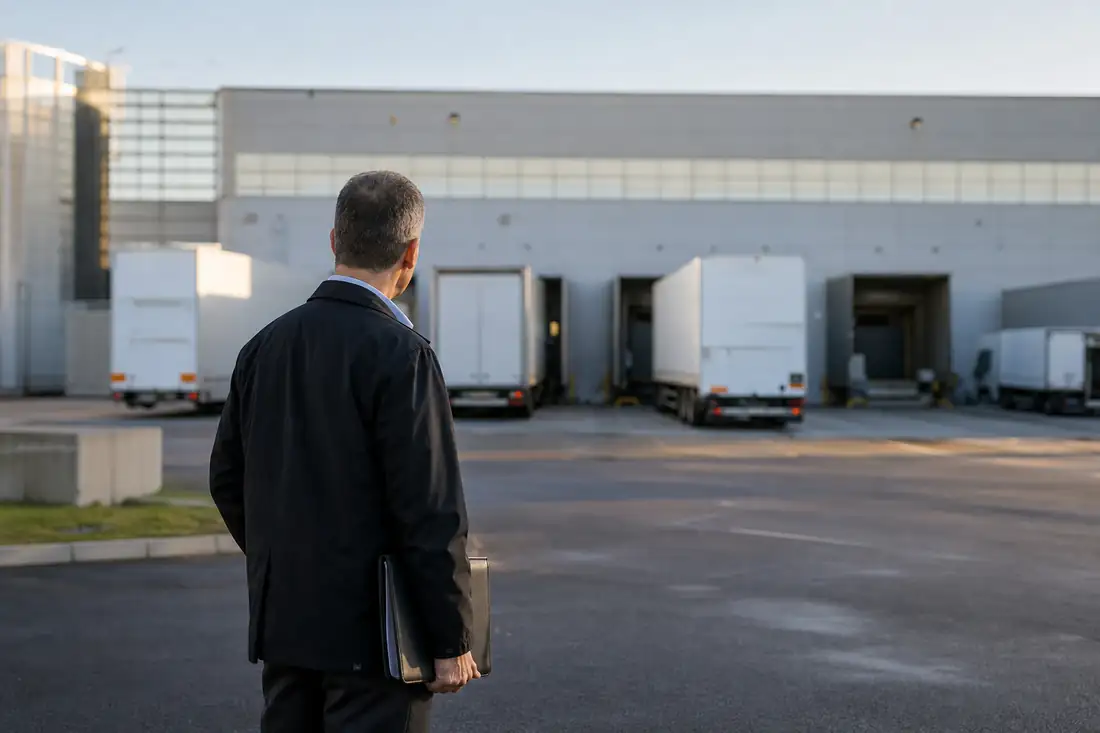 Entrepôt logistique avec quais de chargement, camions non identifiables et cour de manœuvre industrielle.