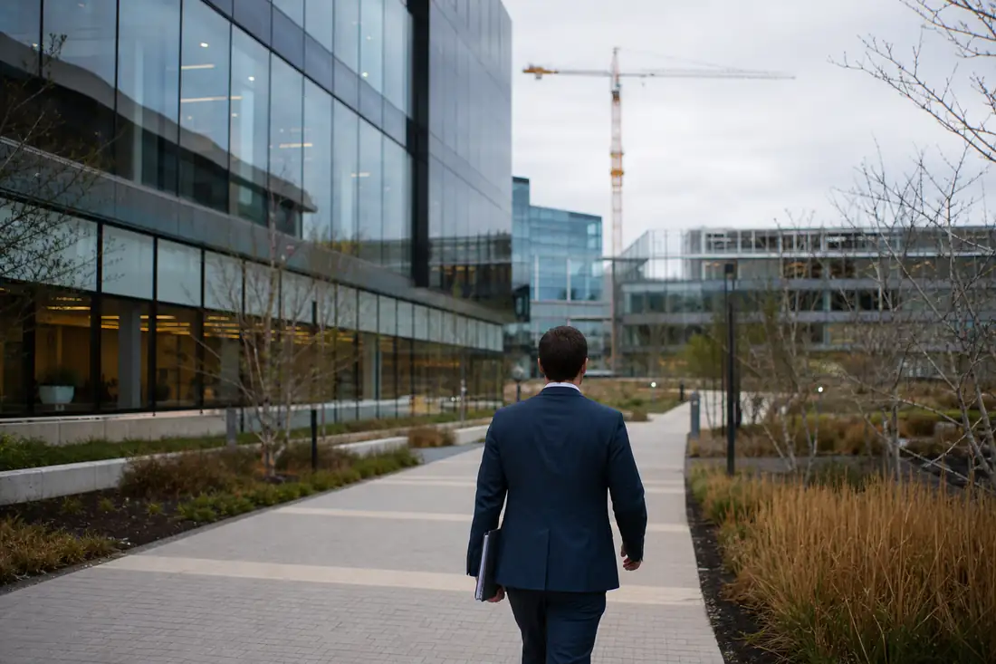 Campus immobilier américain dédié aux sciences de la vie, avec immeubles vitrés et chantier en arrière-plan.