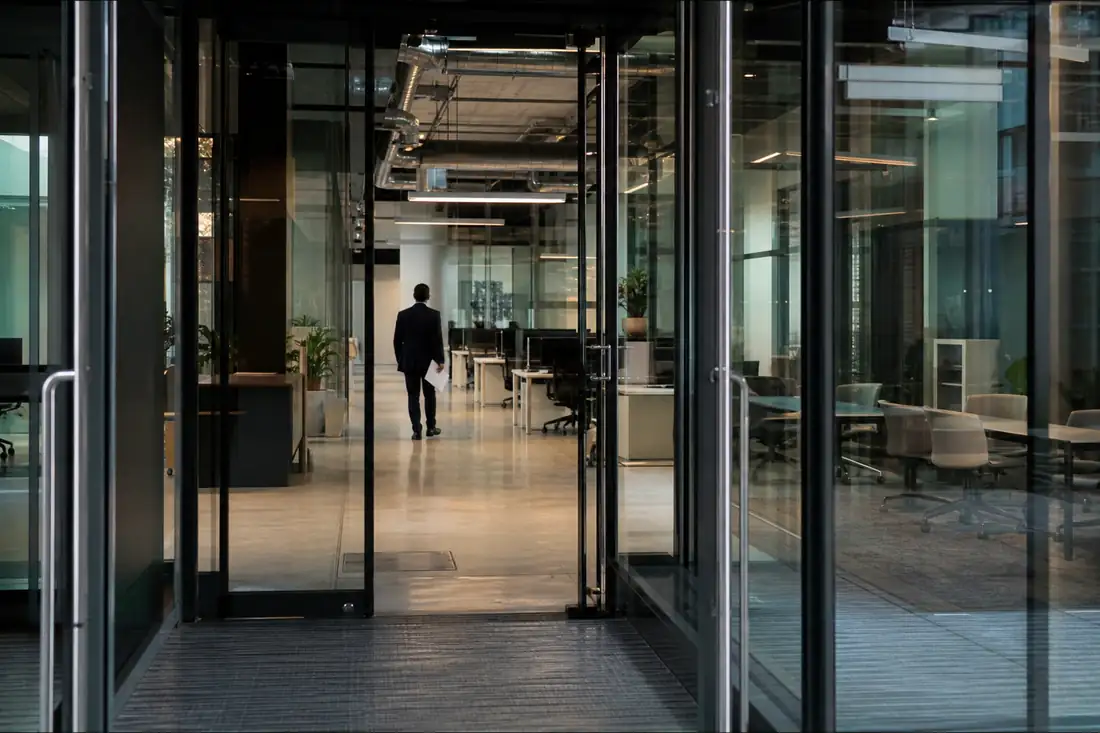 Hall vitré d’un immeuble de bureaux moderne avec espaces de travail partiellement inoccupés en arrière-plan.