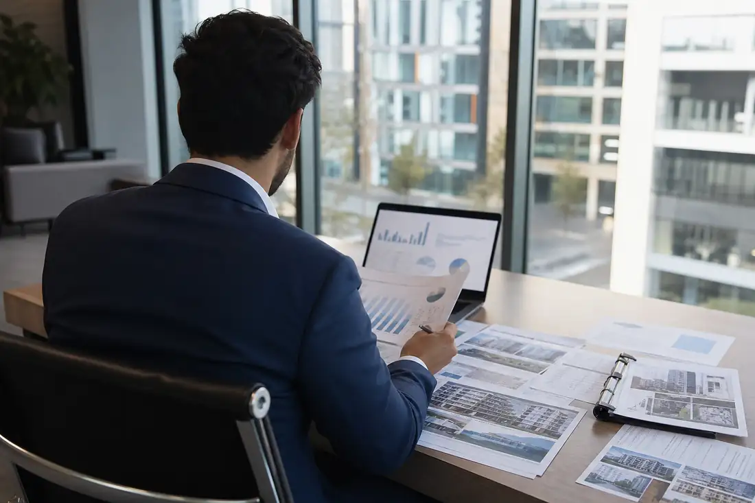 Analyste immobilier examinant des documents financiers dans une agence face à des immeubles résidentiels.