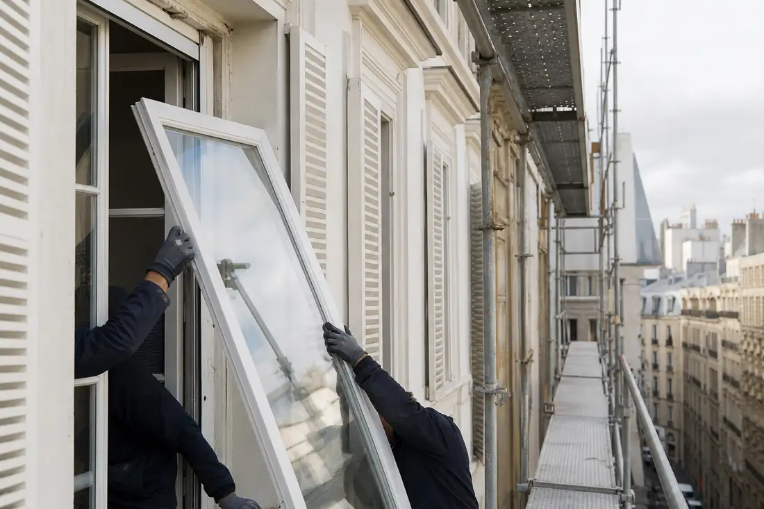 Ouvriers remplaçant les fenêtres d’un immeuble d’habitation avec échafaudage
