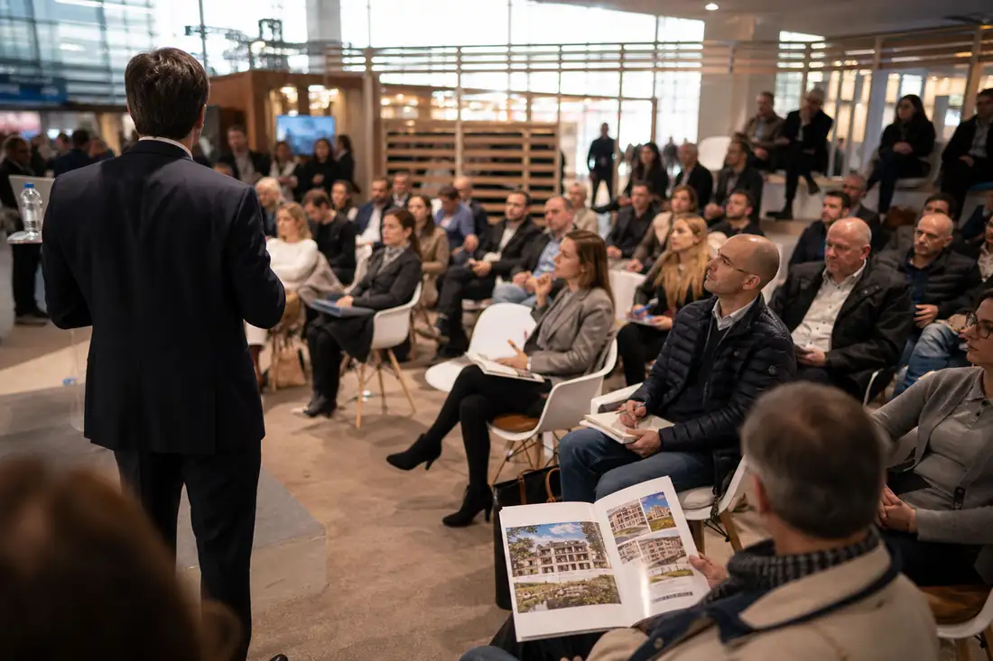 Public assis dans un salon immobilier, face à une scène de conférence et des stands professionnels.