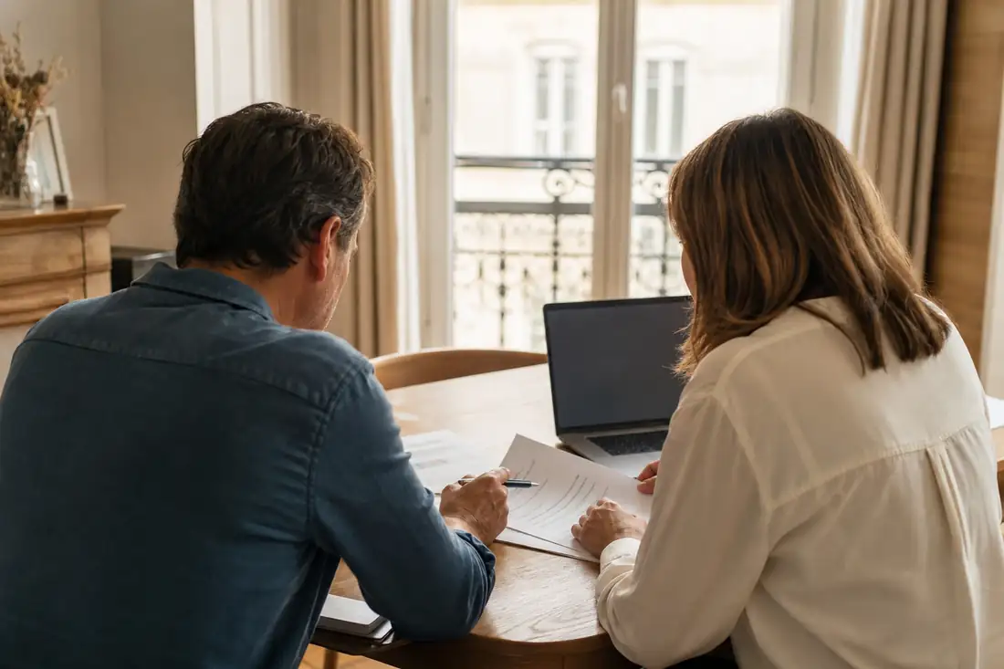 Couple attablé dans un appartement lumineux examinant des documents de prêt immobilier et un ordinateur portable