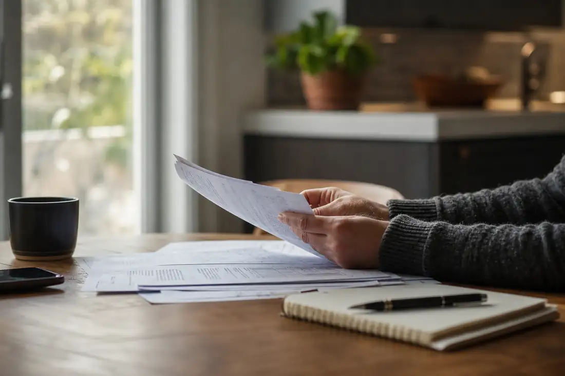 Personne consultant des documents d’assurance de prêt immobilier à sa table de cuisine