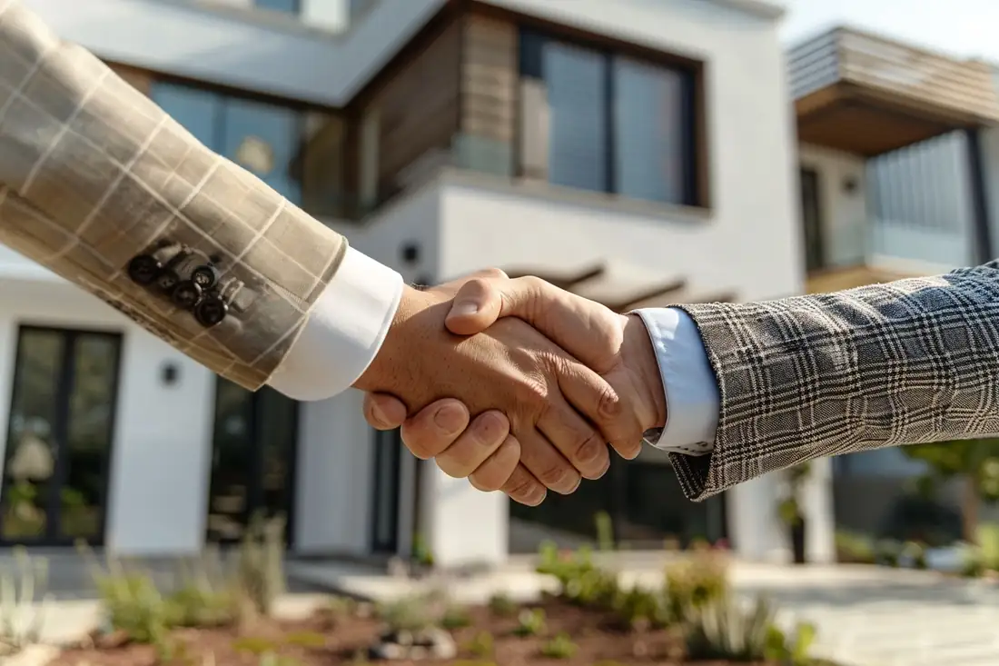 Vendeur et professionnel consultant un dossier de vente dans un appartement lumineux avant les visites.