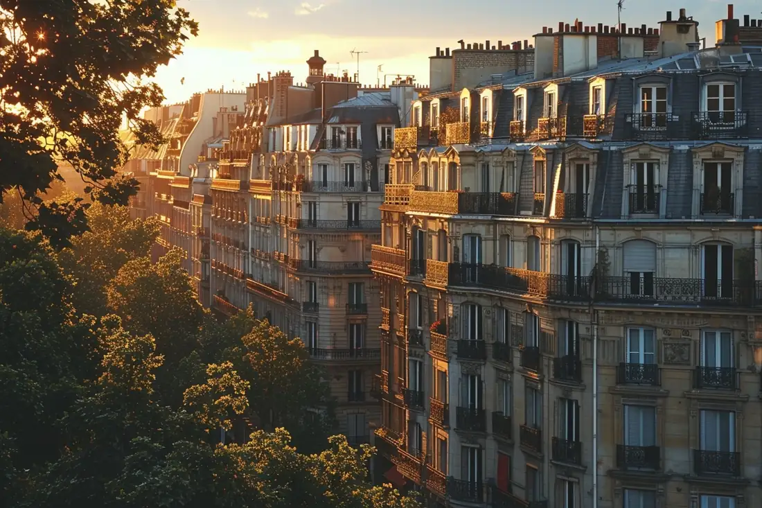 Appartement parisien en location, documents de bail et calculatrice posés près d’une fenêtre sur les toits.