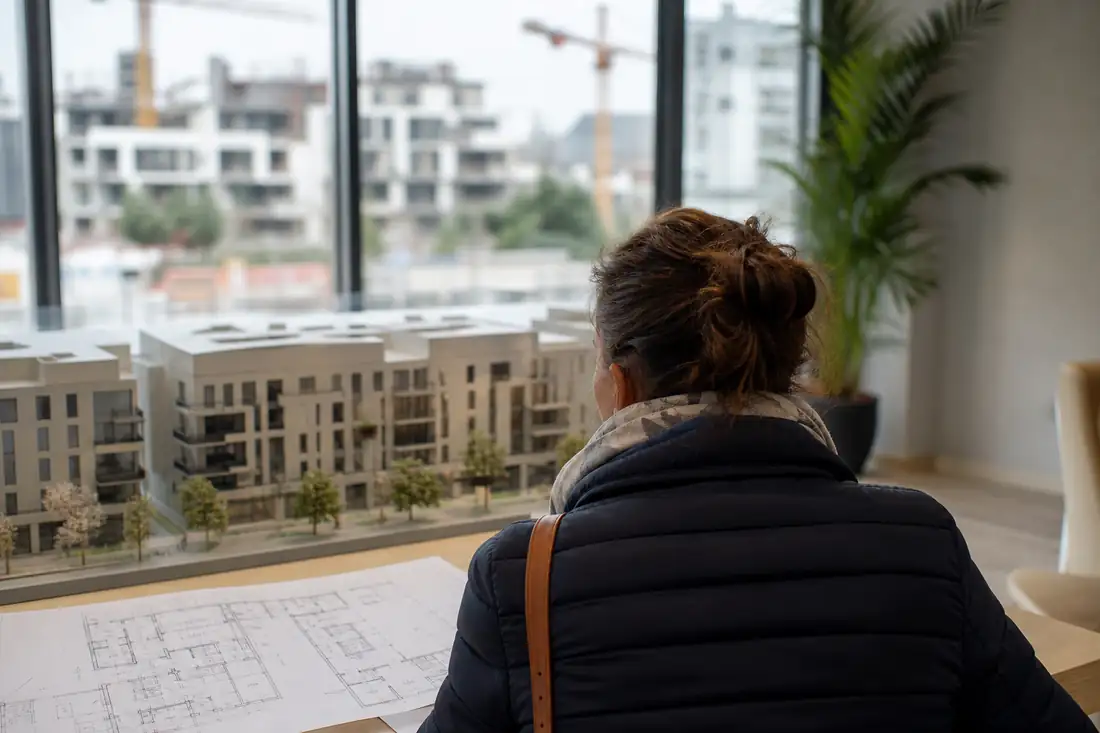 Plans et maquette d’un programme résidentiel neuf consultés dans un espace de vente lumineux.