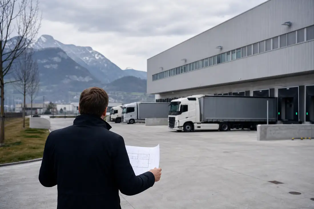 Entrepôt logistique moderne en Suisse avec quais de chargement, camions stationnés et relief alpin en arrière-plan.