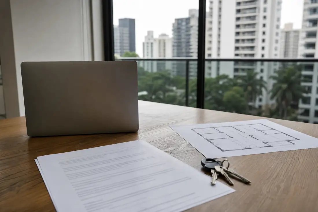 Contrat de location et clés sur une table devant des immeubles résidentiels dans une grande ville brésilienne.