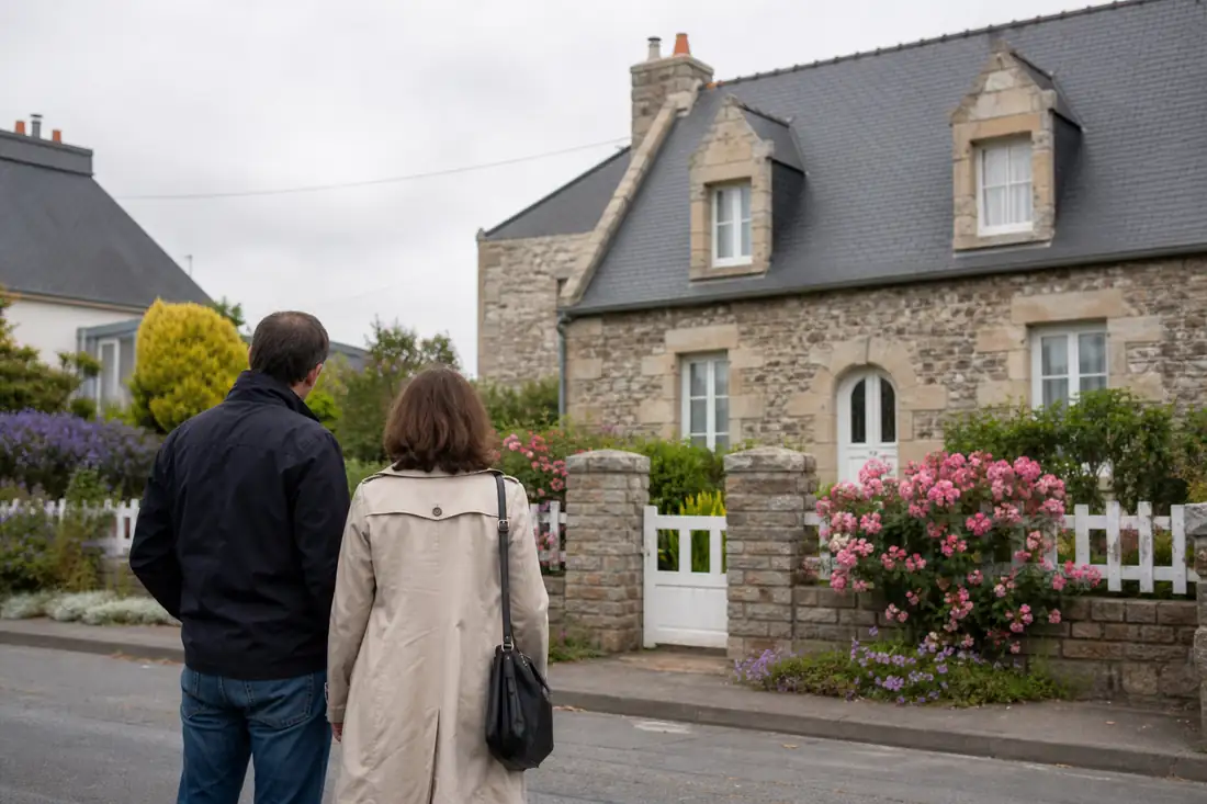 Maison individuelle avec jardin dans une rue résidentielle bretonne, recherchée comme alternative à Lannion.