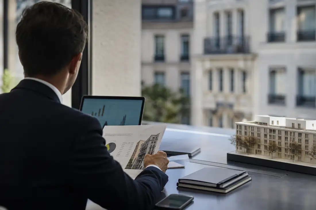 Investisseur consultant des documents de fonds immobiliers sur un bureau dans un bureau de gestion patrimoniale.