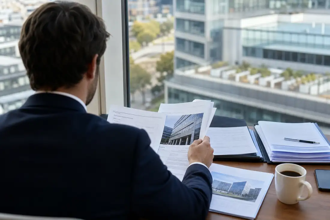 Conseiller examinant des rapports de SCPI devant un quartier d’immeubles de bureaux contemporains.