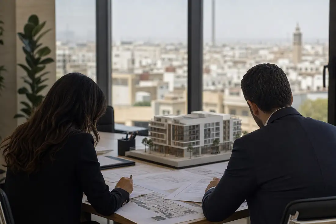 Réunion autour de plans immobiliers dans un bureau de gestion d’actifs au Maroc, avec skyline urbain en arrière-plan.