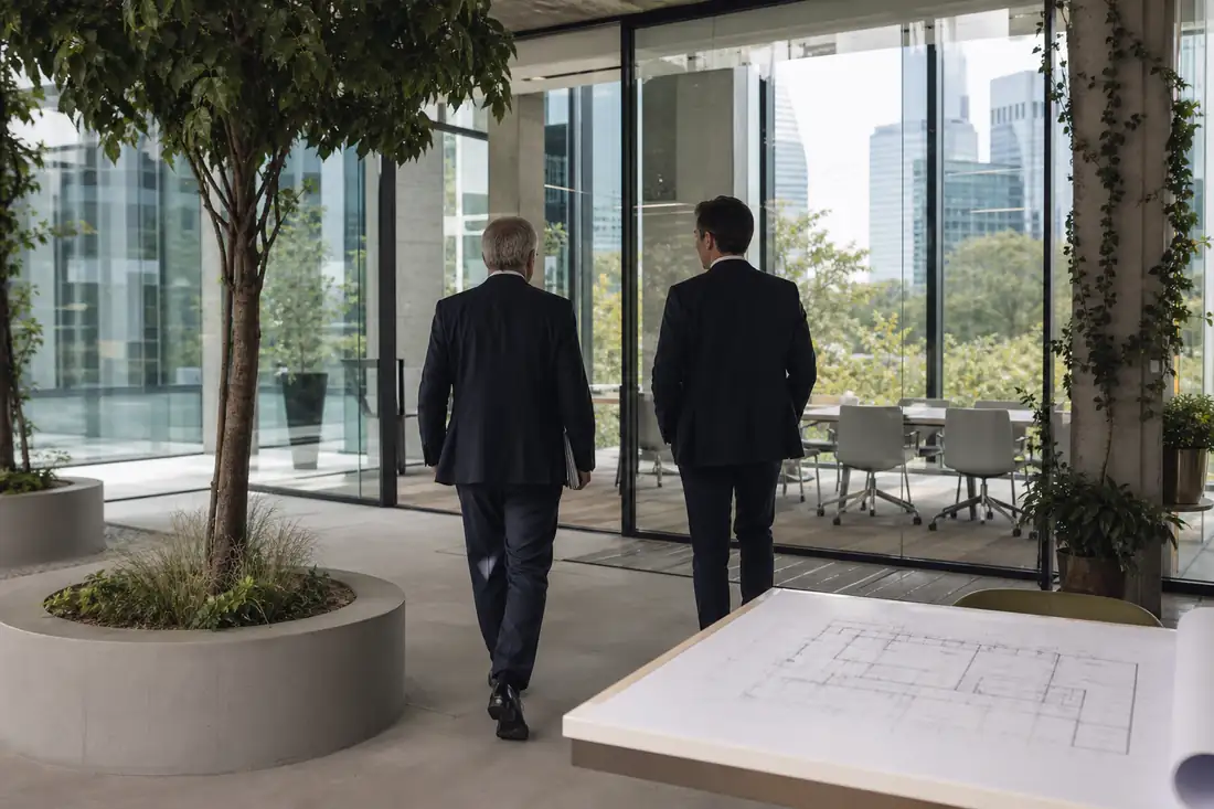 Deux professionnels de l’immobilier d’entreprise dans le hall vitré d’un immeuble tertiaire rénové.