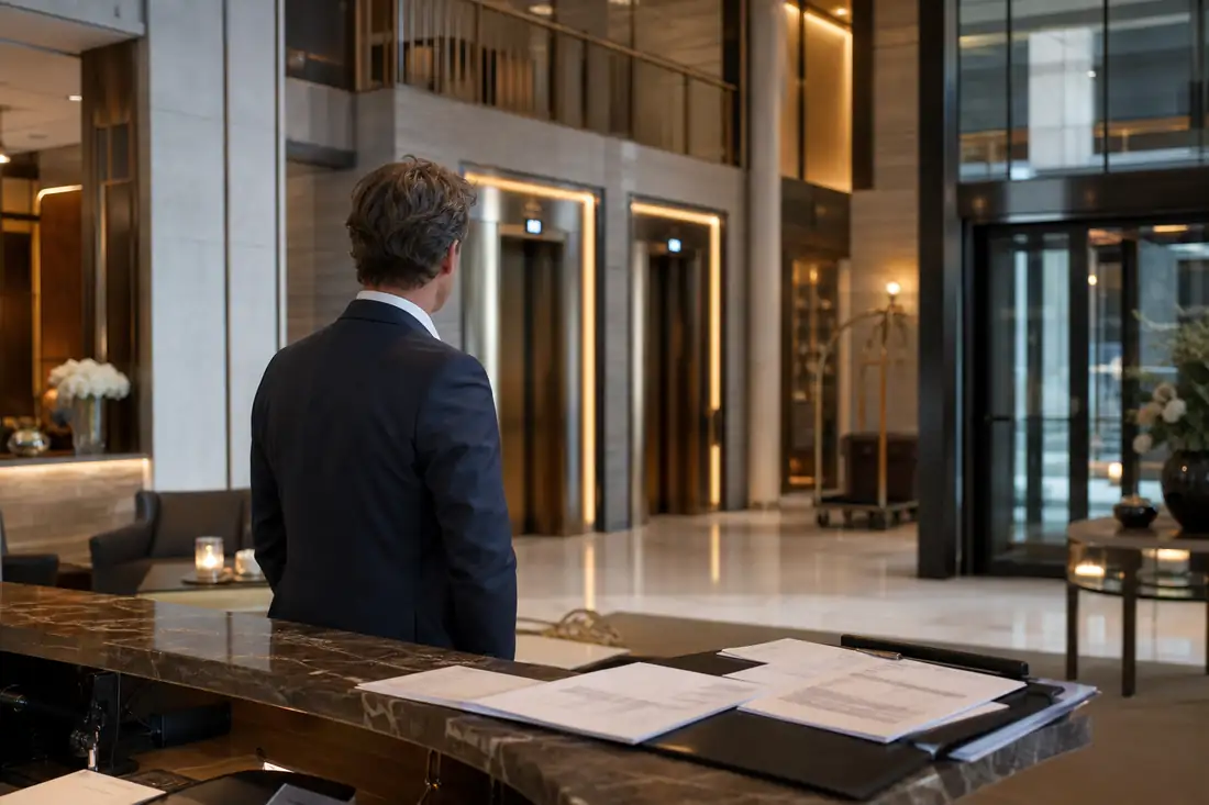 Inspection immobilière dans le lobby d’un hôtel urbain avant une opération de vente ou de financement.