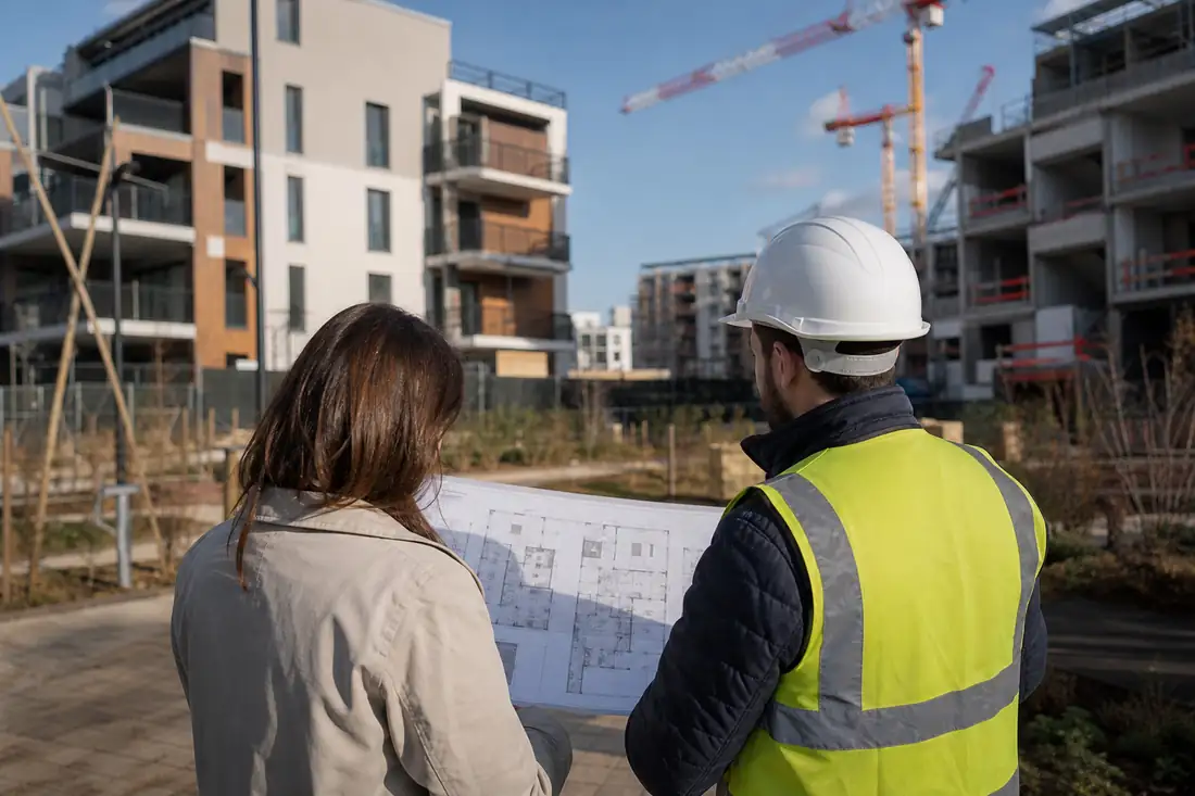 Acquéreur consultant des plans devant un programme résidentiel neuf en chantier avec cour végétalisée.