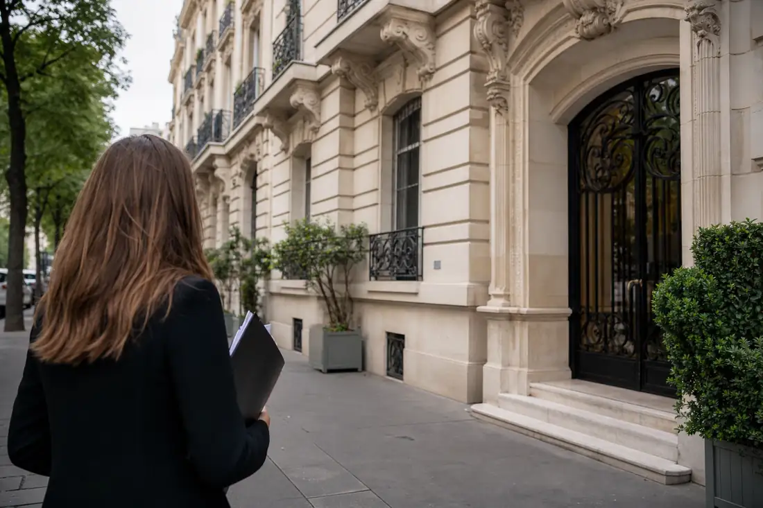 Façade haussmannienne avec balcons dans le 16e arrondissement, devant une entrée d’immeuble résidentiel.