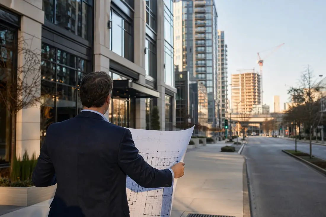 Quartier américain mêlant bureaux rénovés, logements et chantier de construction, symbole d’investissements immobiliers.