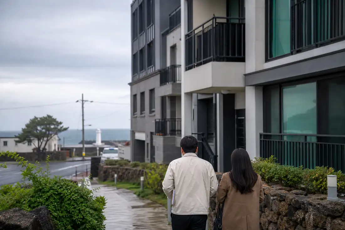 Immeubles résidentiels et murs de pierre volcanique dans un quartier urbain de Jeju, en Corée du Sud.