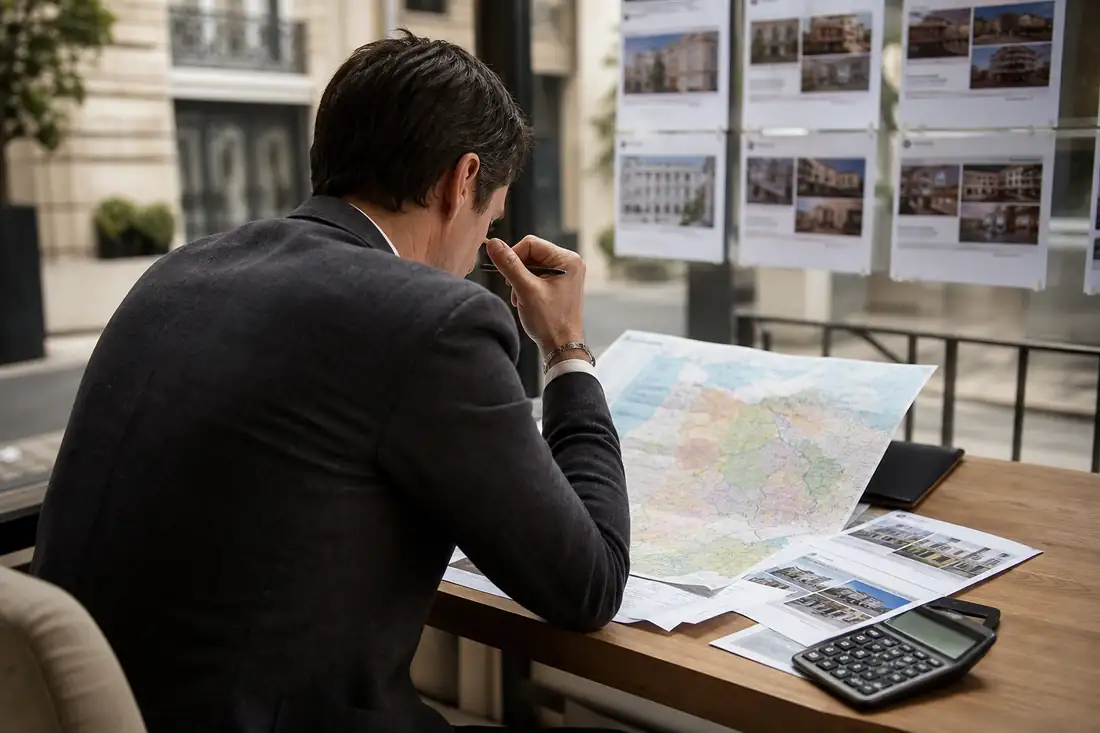 Analyste immobilier examinant une carte régionale et des annonces de logements dans une agence française.