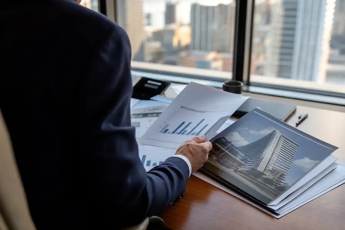 Analyste consultant des dossiers de prêts immobiliers dans un bureau américain avec vue urbaine.