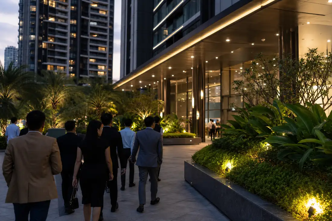 Entrée paysagée d’un programme résidentiel contemporain à Hô Chi Minh-Ville lors d’une soirée immobilière.