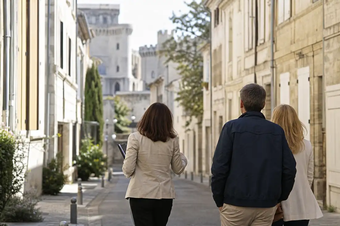 Rue résidentielle du centre ancien d’Avignon avec façades en pierre et immeubles d’habitation restaurés.