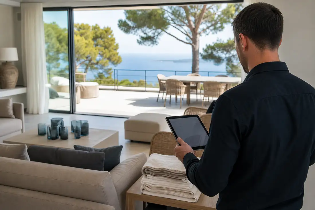 Intérieur d’une villa haut de gamme avec terrasse méditerranéenne préparée pour une location saisonnière.