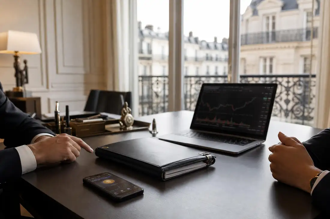 Bureau de transaction dans un appartement haut de gamme avec dossier notarial et interface crypto floue.