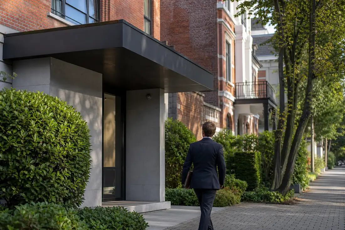 Agence immobilière sobre dans une rue résidentielle arborée de Waterloo, avec maisons en briques à l’arrière-plan.