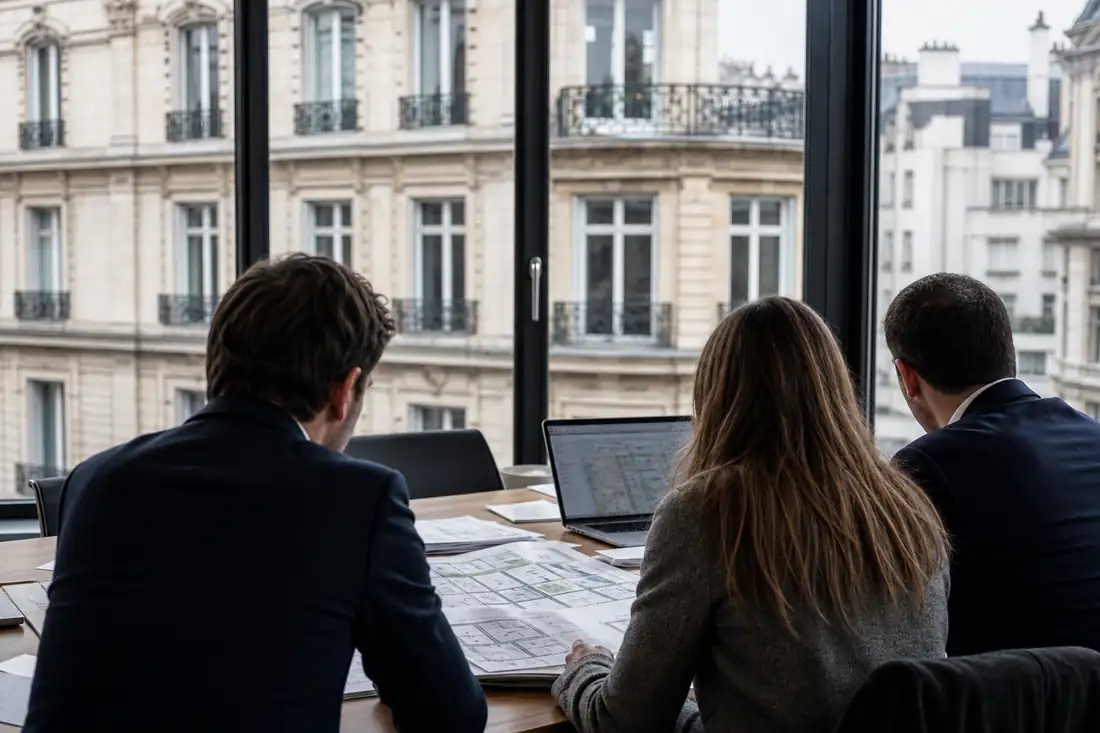 Investisseurs examinant des plans et documents locatifs dans un bureau face à des immeubles rénovés.