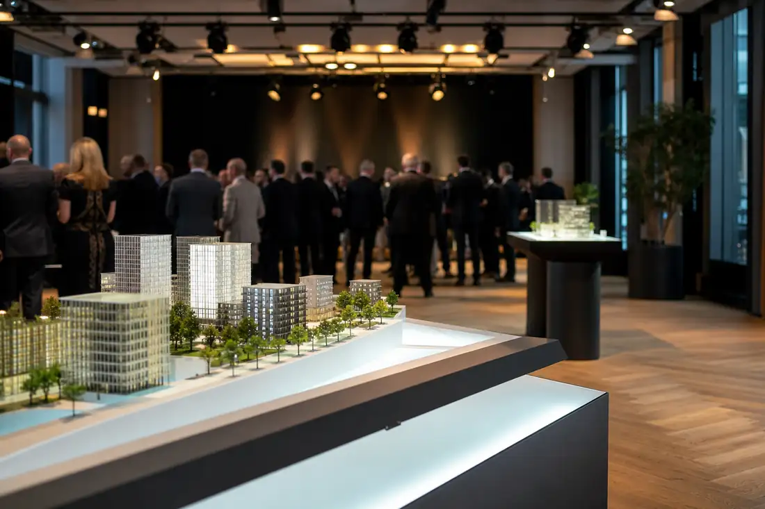 Salle de réception contemporaine préparée pour une cérémonie immobilière, avec maquettes et éclairages de scène.