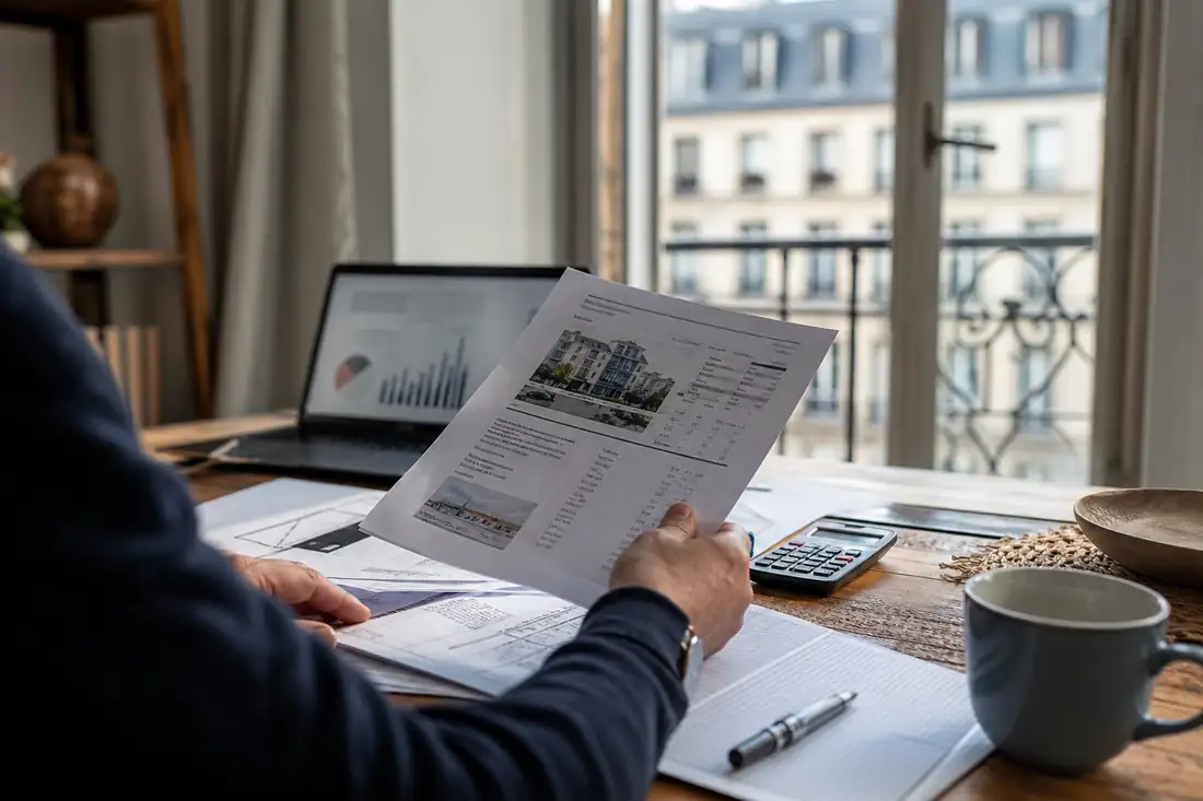 Investisseur comparant des documents de SCPI devant un ordinateur, avec des immeubles urbains à l’arrière-plan.