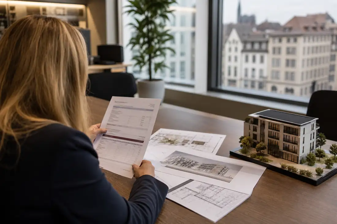 Conseiller bancaire examinant un dossier de financement immobilier dans une agence du Grand Est.