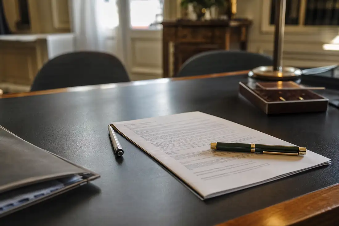 Promesse de vente immobilière posée sur un bureau de notaire avec deux stylos