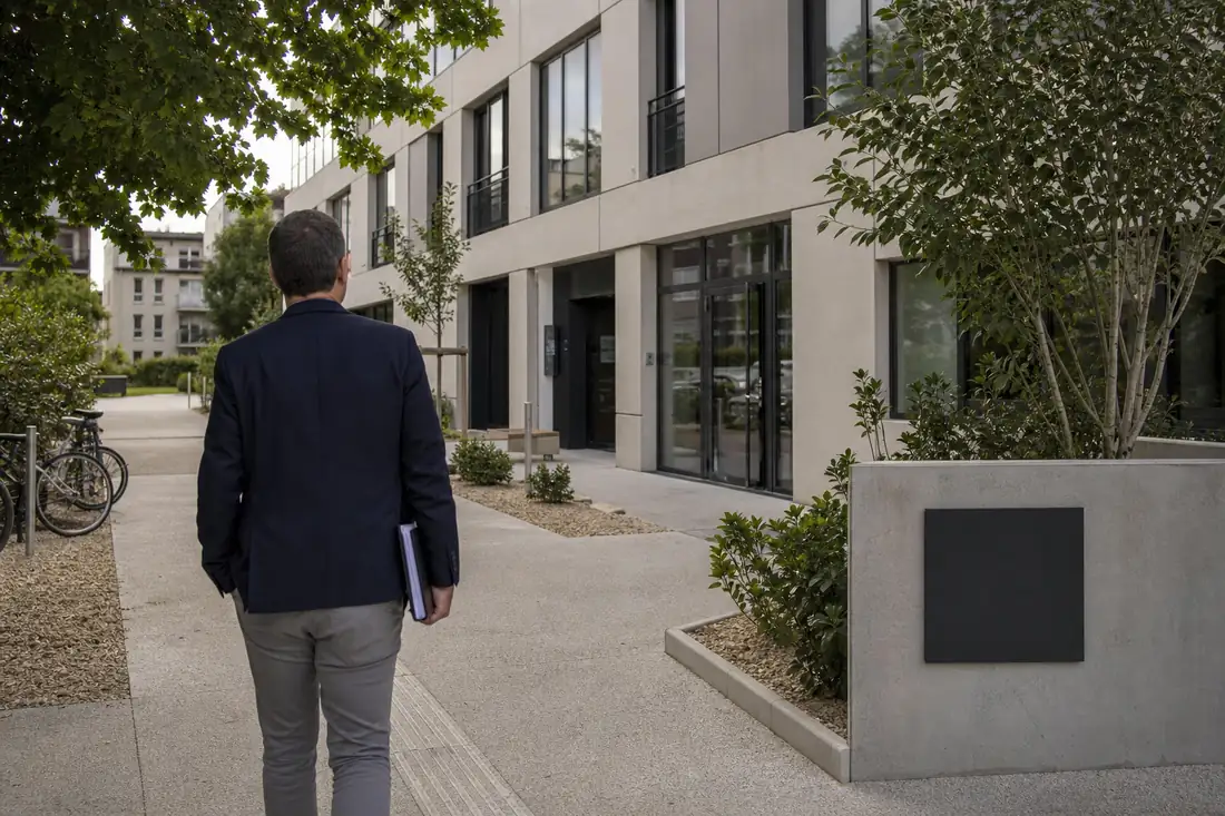 Entrée accessible d’un centre médical moderne, avec investisseur consultant un dossier immobilier devant le bâtiment.