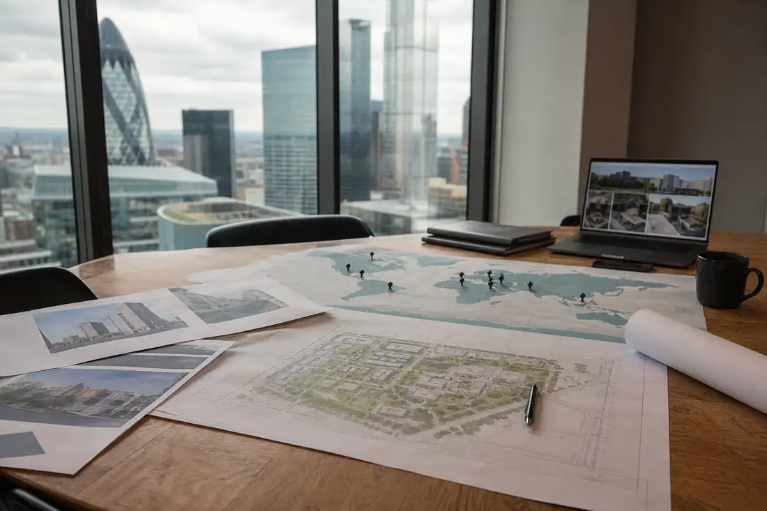 Table d’analyse d’investissements immobiliers internationaux face à un quartier d’affaires contemporain.