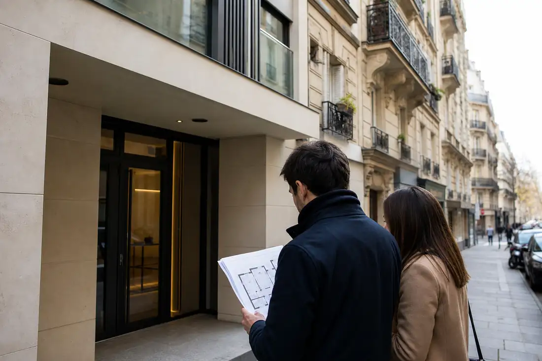 Immeuble résidentiel parisien récent intégré dans une rue urbaine, vu depuis le trottoir au matin.