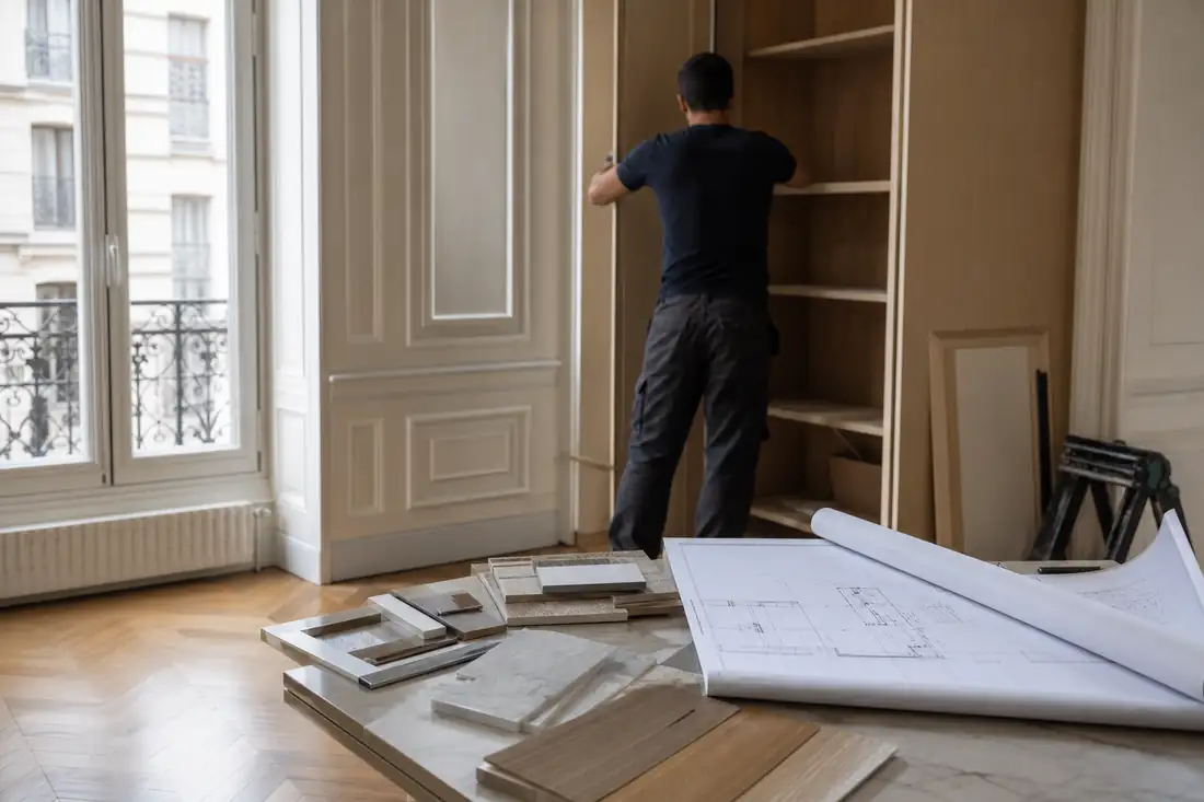Appartement parisien rénové avec parquet ancien, plans de travaux et éléments de cuisine en cours de pose.