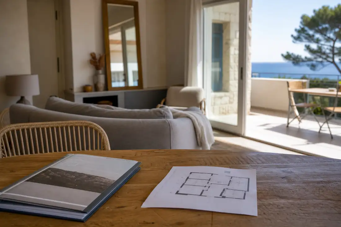 Séjour d’un appartement littoral avec terrasse, dossier de vente posé sur une table et vue sur la mer.