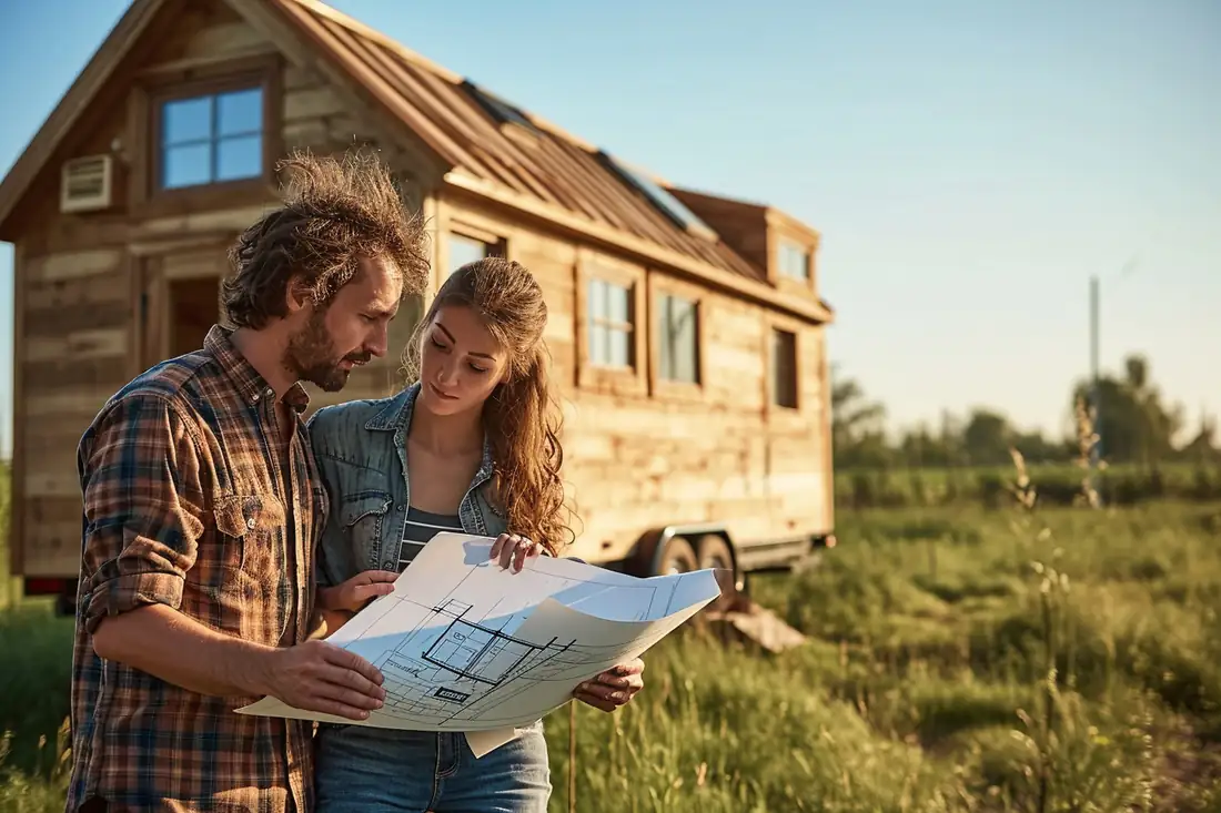 Tiny house en bois installée sur une parcelle aménagée avec accès, réseaux et plans de construction.