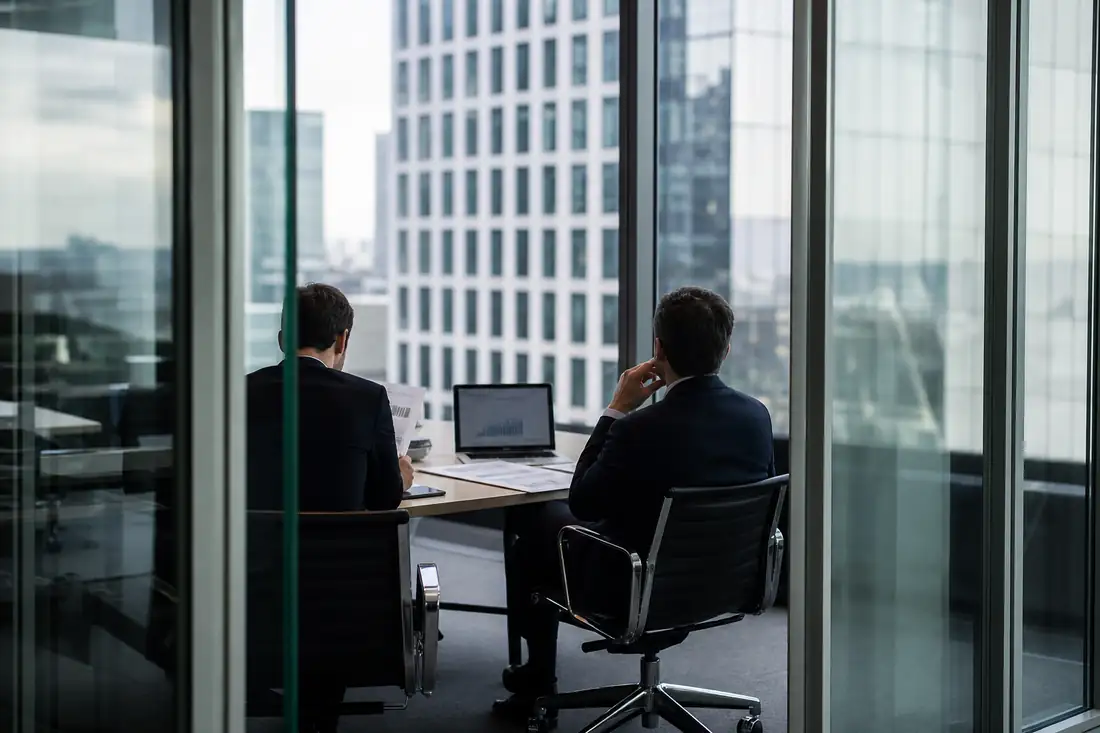 Réunion de gouvernance dans des bureaux avec documents immobiliers et tours tertiaires en arrière-plan.