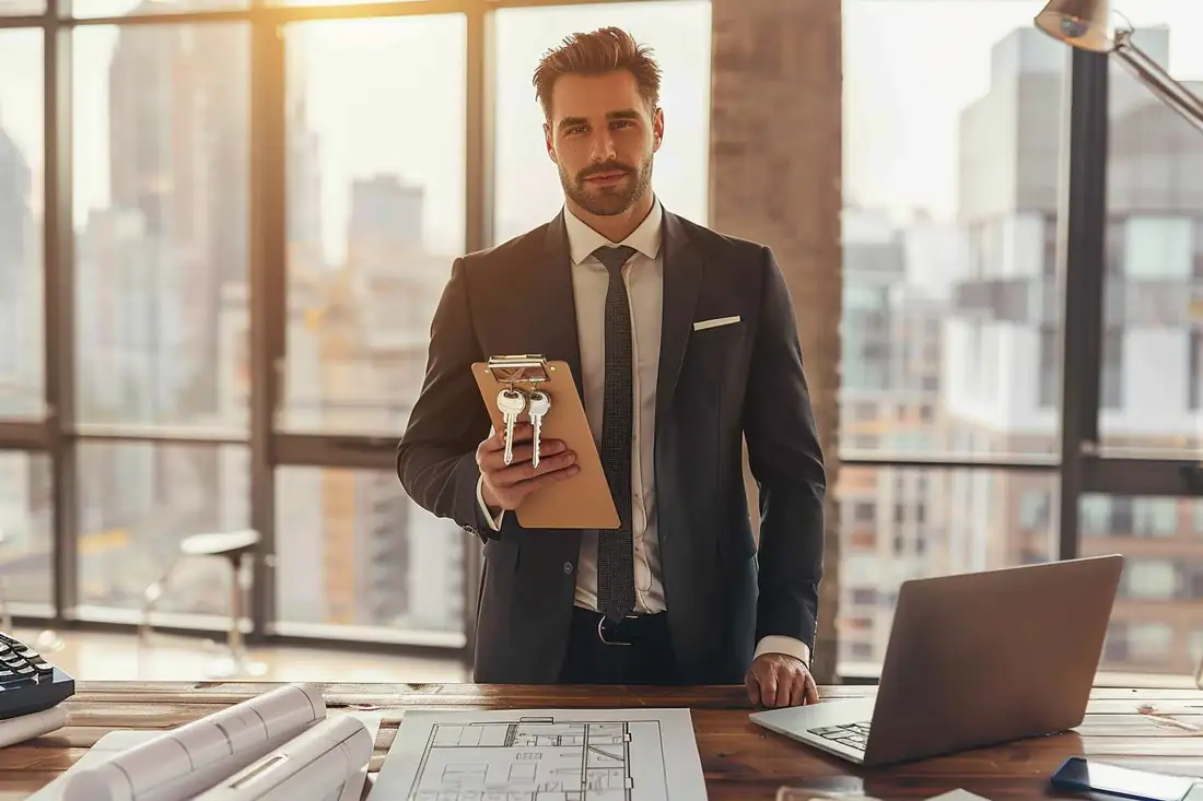 Un investisseur compare un plan de financement avec une courtière dans un bureau lumineux et sobre.